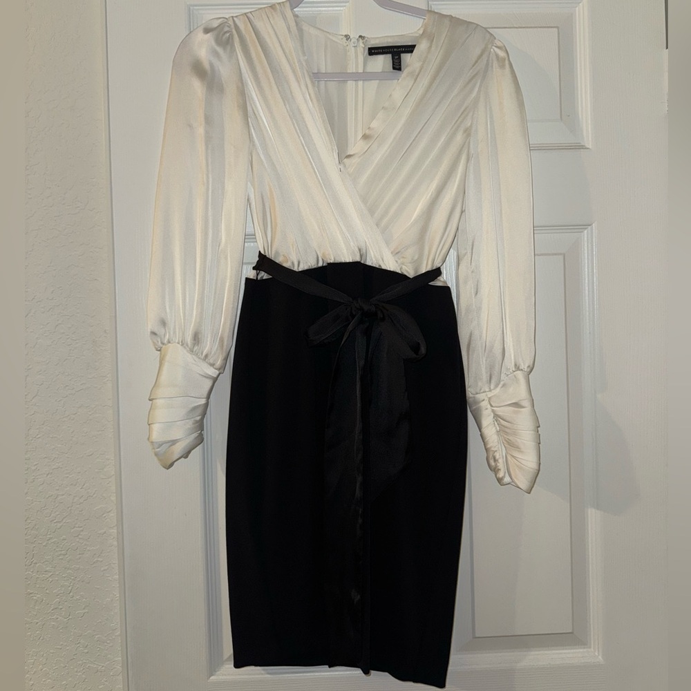 White House Black Market Cream and Black Long Sleeve Dress